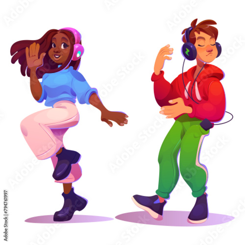 Teen girl and boy listening music in earphones isolated on white background. Vector cartoon illustration of happy young male and female characters dancing, smiling, enjoying song in headphones