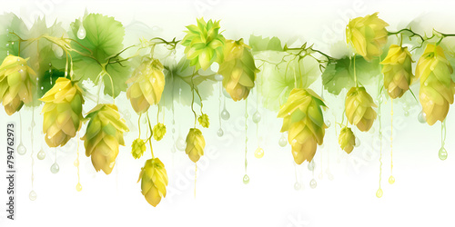 Board of hop vine plant humulus watercolor illustration isolated on white background 