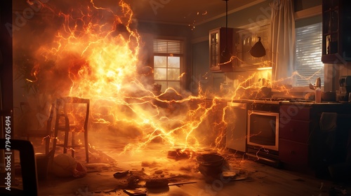 Indoor scene depicting a fiery accident caused by a short-circuiting electrical plug, serving as a warning about home safety and fire risks.