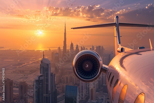 Luxury private aircraft soaring above the Dubai skyline, bathed in the warm glow of a picturesque sunset