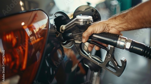 A mans hand grips a gas pump handle as he fills his car with fuel at a gas station