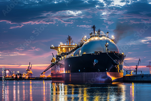 Liquefied natural gas carrier vessel, engineered for transporting LNG, docked at port