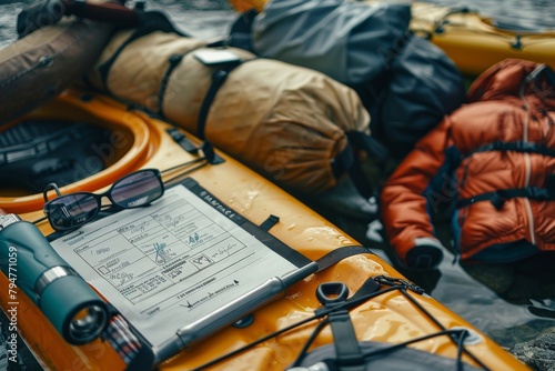 An active outdoor scene featuring a canoe, backpacks and camping gear set on the edge of a body of water, with various equipment including a clipboard with paperwork and a pen.