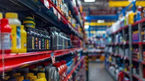 An auto parts store aisle filled with a wide variety of products neatly arranged for easy access and browsing by customers