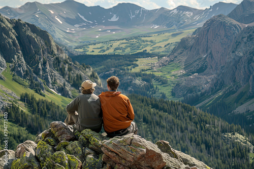 A pair of environmental scientists survey a stunning valley vista from a mountaintop perch, epitomizing the interplay of technology, ecological stewardship, and nature's breathtaking splendor