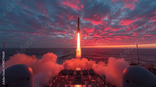 Advanced missile defense system launching an interceptor during a test simulation at dawn