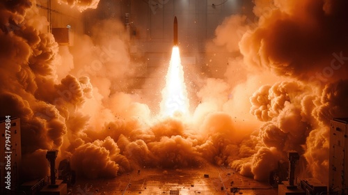 Advanced missile defense system launching an interceptor during a test simulation at dawn