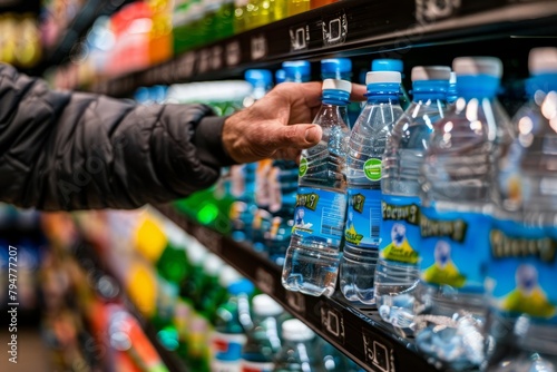 A close-up of a mans hand reaching for a bottle of water from a well-organized shelf in a commercial setting