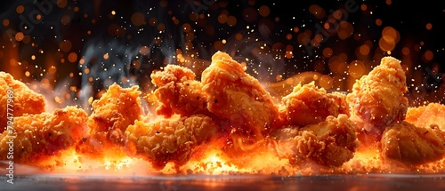 Fried chicken pieces being tossed in glowing oil fast food review. Concept Food review, Fried chicken, Fast food, Glowing oil, Tossed ingredients
