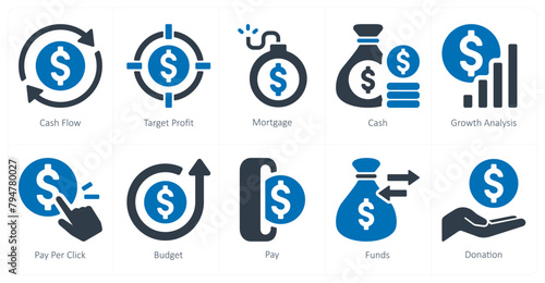 A set of 10 finance icons as cash flow, target profit, mortgage
