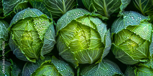 Three heads of green cabbage with droplets of water on them