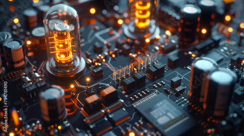 electrical circuitry from its analog origins to modern digital technology. Showcasing vintage vacuum tubes and analog components transitioning into sleek, miniature microchips and integrated circuits.