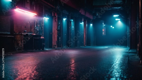 Neon Noir: A cyberpunk-inspired alleyway, drenched in vibrant neon hues and atmospheric fog, evokes a sense of mystery and urban intrigue. 