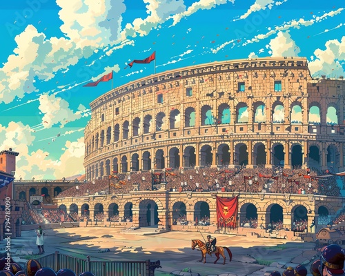 A pixelated Roman coliseum with gladiators, exotic animals, and cheering crowds