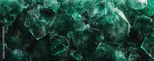 Emerald green crystal textures with shimmering facets and reflections.