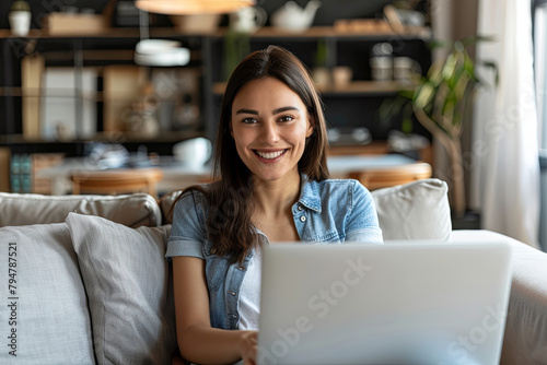 Attractive, smiling woman of ethnic background engaged in remote work from her residence, utilizing a laptop computer