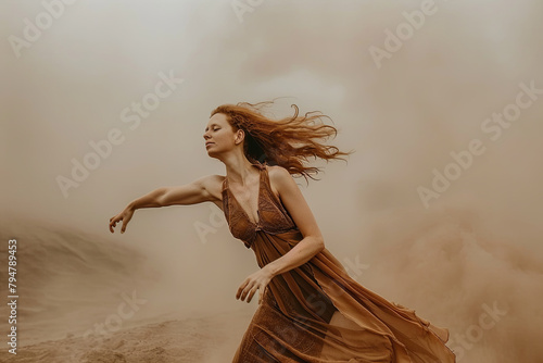 Auburn-haired adult female dancer gracefully moving amidst a hazy, dusty atmosphere