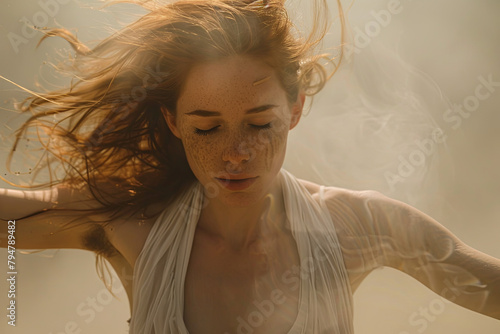 Auburn-haired adult female dancer gracefully moving amidst a hazy, dusty atmosphere