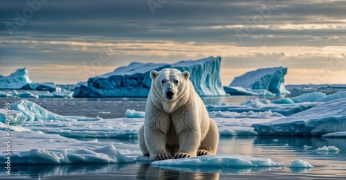 White polar bear sitting on melting ice floe glacier at arctic sea that facing to Global Warming situation, save the world form pollution concept, climate change,