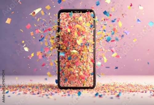 'confetti online. phone. popper mobile party firecracker 3D rendering. concept congratulations three-dimensional smartphone phone render screen fireworks celebrat'