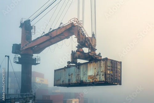 Historic port crane lifting weathered container, soft morning light, nostalgic vibe, wide shot