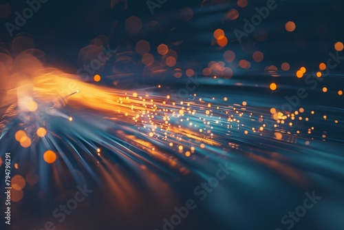 A glowing fiber optic cable that transmits data at high speeds.