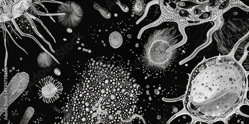 Microscopic view of sea organisms - An intricate black and white illustration showcasing the diverse and complex world of sea microorganisms
