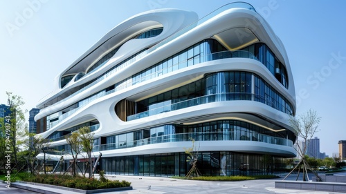 Futuristic white curvaceous building - Capturing the elegance of modern designs, this image shows a futuristic, curvaceous white building, standing out in an urban setting