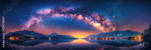 landscape panorama with milky way in a night starry sky against colorful bright background of mountains and lakes