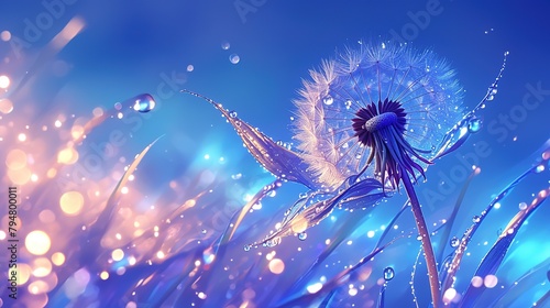 Dandelion flower in droplets of water dew on a blue colored background with a mirror reflection of a ,Generative ai,