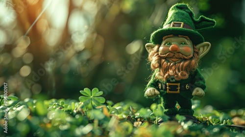 Small bearded figurine in green clothes among clovers
