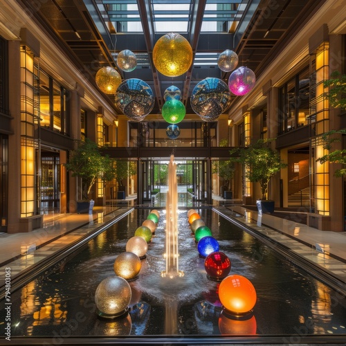 A large fountain with many colorful balls in it