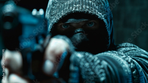 A male robber is holding a gun pointed at the camera. The criminal's face is hidden. Robbery, crime, violence. Masked man