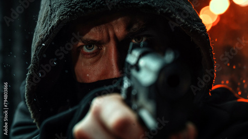 A male robber is holding a gun pointed at the camera. The criminal's face is hidden. Robbery, crime, violence. Masked man