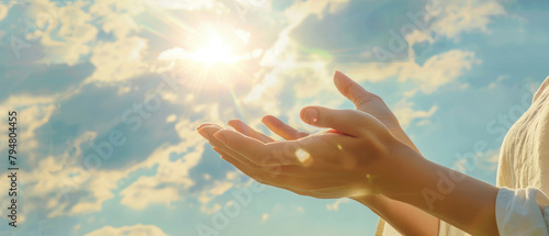 opened both hands fingers of a woman applying reiki healing against the background of a bright sun blue sky and clouds created with Generative AI Technology