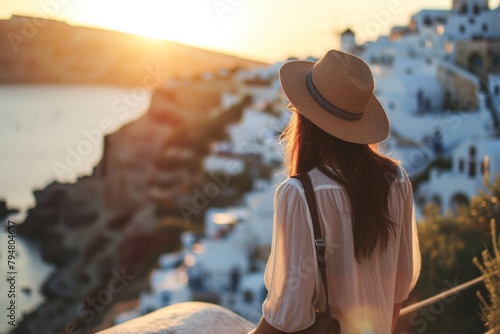 Happiness Asian casual traveller female woman portrait shot with beautiful landscape her wonderful experience along the solo travel near ocean lake trip in sunset europe