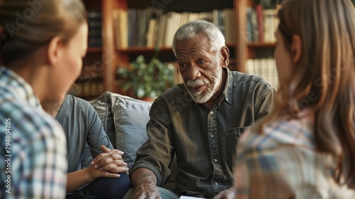 An elder man counseling a young couple, trying to mediate a peaceful discussion