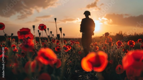 Military soldier in uniform in a poppy field