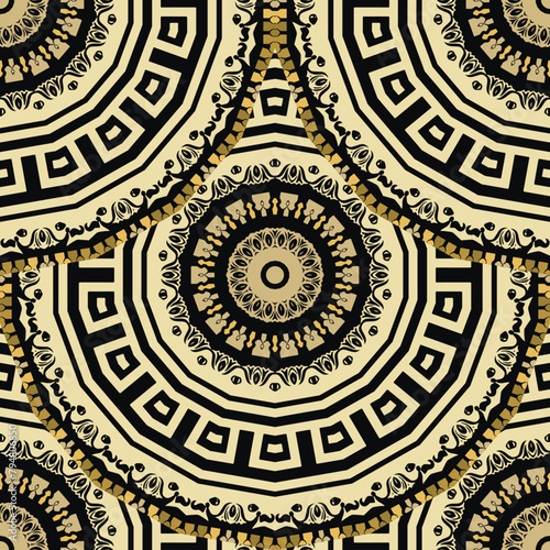 Greece ancient style tiled round gold mandalas seamless pattern. Greek key meanders. Ornamental repeat tribal ethnic style vector background. Ornate beautiful modern ornaments. Fabric patterns