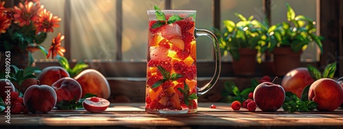 Black tea with peach, iced and sweet, in a tall pitcher. Hyperdetailed. Photorealistic. HD. super detailed