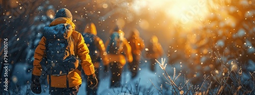 Group of friends on a winter hike, sharing a laugh as snow falls around them. Hyperdetailed. Photorealistic. HD. super detailed