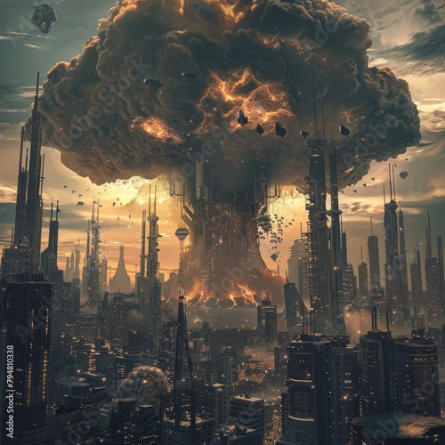 A cityscape with a large, fiery explosion in the center