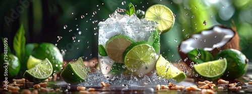 Lime and coconut water, hydrating and tropical, beachside refreshment. Hyperdetailed. Photorealistic. HD. super detailed