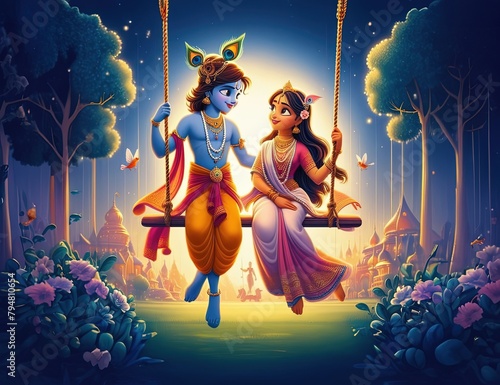 The Enchanting Love of Radha Krishna in a Fantasy Land, Hindu gods Radha and Krishna, Radha Krishna Painting with colorful background, Painting For Home Decoration