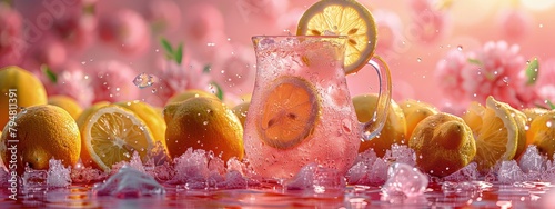 Pink lemonade, fresh and tart, in a pitcher with slices of lemon. Hyperdetailed. Photorealistic. HD. super detailed