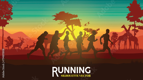 Running silhouettes. Vector illustration, Trail Running, Marathon runner. 