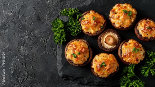 Detailed top view of cheesy stuffed mushrooms with a crisp, isolated background, highlighted by professional studio lighting
