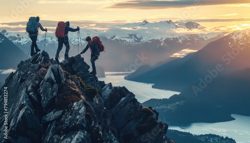 Three people are hiking up a mountain, with one of them carrying a backpack by AI generated image