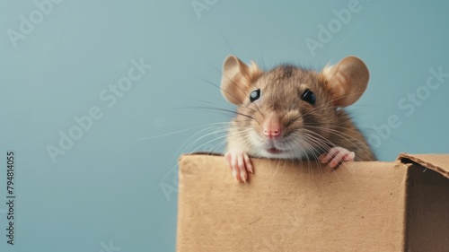 Brown rat peeking out of cardboard box against blue background
