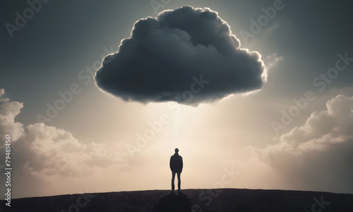 A man stands before a cumulus cloud in the sky with a gesture